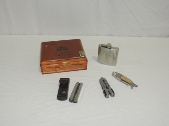 Wood Cigar Box With Tools & Cigars, Knives And More