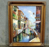 Large Oil On Canvas Venice Canal Scene In Frame