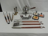 Tray Lot Fondue Set, Barbecue Tools, Brass Candlesticks And More