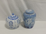 Two Blue & White Oriental Jars With Lids