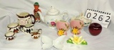 5 Pieces Copper Luster, Pair Of Pottery Planters & German Wind Up Boy