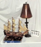 Model Of Sailing Ship, Brass Owl, Wood Plate Holders And A lamp