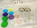 Color Sandwich Glass Cup Plates, Sterling Rimmed Pheasant Pin Dishes Plus Salt Collection