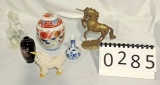 Brass & Porcelain Unicorns And A Small Delft Vase