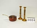 Pair Of Solid Brass Candlesticks And Copper Pan