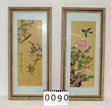 Pair Of Oriental Birds & Flowers On Silk Prints