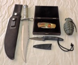 Lot of 3 Knives and a Grenade Paperweight