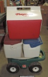 3 Small Coolers And Garden Roll Around Seat/box
