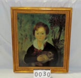 Oil On Canvas Of 19th C. Boy Holding Rabbit