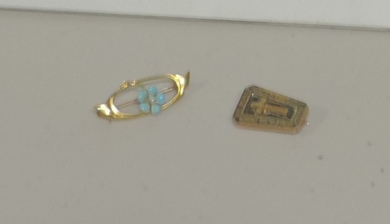 10 Kt Gold Enamel Flower Pin & Church Pin