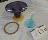 Purple & Amber Hand Blown Vase, Blue Bottle & Glass Nappy