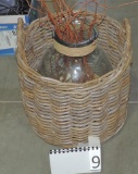 Round Wicker Handled Basket & Large Glass Jar Vase