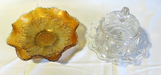 Marigold Grape & Peacock Carnival Bowl & Pressed Covered Butter
