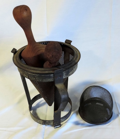 Antique Tin Jelly Strainer With 2 Wood Pestles & Wire Jar Strainer