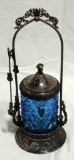 Victorian Silver-plate Pickle Castor With Blue Glass Jar
