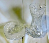 Cut Glass Tall Vase And Round Serving Bowl