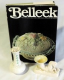 Belleek Shamrock Decorated Small Vase, Horse Cornucopia Vase & Reference Book