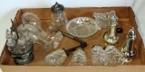 Tray Lot Old Pressed Glass Salt & Pepper Shakers, Cruets & More
