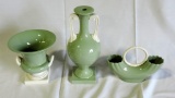 3 Celadon Green & White Vases & Urn