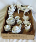 Doll Tea Set, 2 Milk Glass Hens On Nest, Cordon Blue Cow Creamer