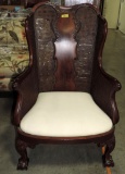 Mahogany Carved Cane Back Chippendale Style Wing Chair