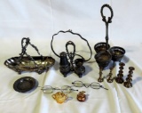 Tray Lot Mini Brass Candlesticks, Eye Glasses, Victorian Silver-plate &^ More