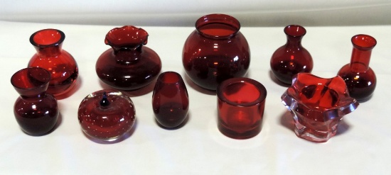 10 Pcs. Ruby Red Glass Vases & Paperweights