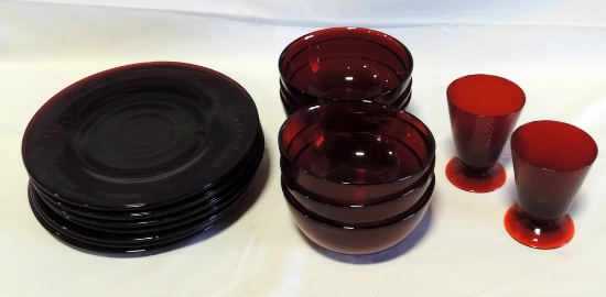 16 Red Ruby Glass Plates, Cups And Bowls