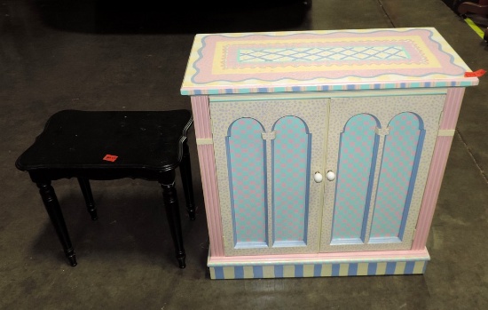 Paint Decorated 2 Door Table & Black Side Stand