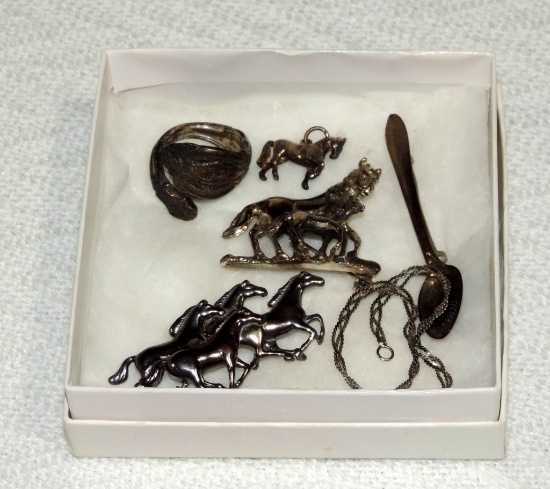 6 Pc Sterling Horse Pin & Spoon Lot