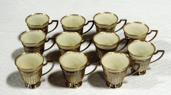11 Lenox Demitasse Porcelain Cups In Sterling Silver Handled Holders