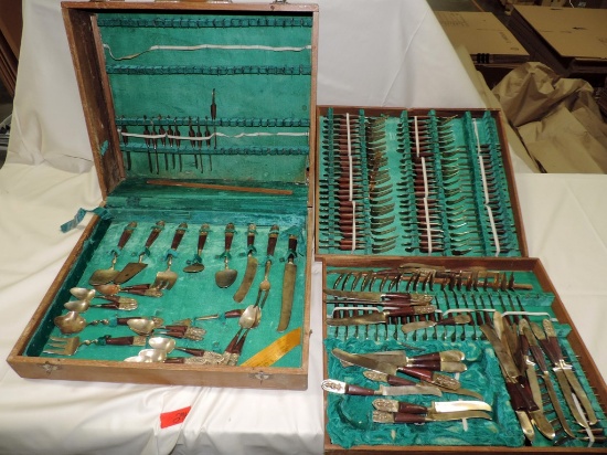 154 Pc Set Of Siam Rosewood & Brass Flatware In Case