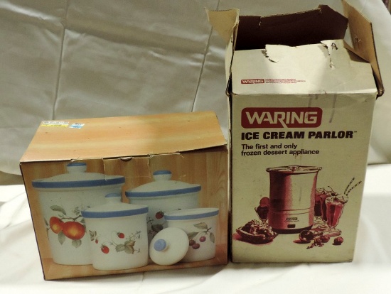 Fruit Design Stoneware Canister Set In Box & Waring Ice Cream Parlor
