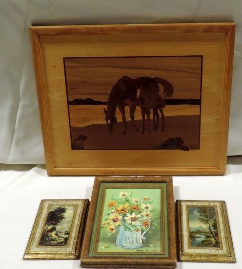 Hudson River Inlay Picture Of Horses, Small Oil Painting & Italian Plaques