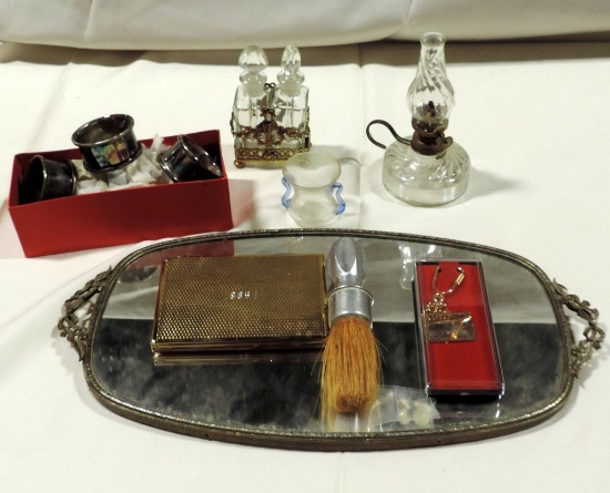 50's Metal Mirror Dresser Tray & Perfume Bottle Set Plus More