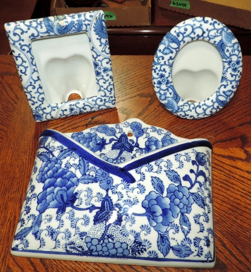Tray Lot of Blue and White Porcelain Frames and More