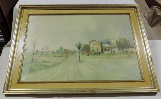 Vintage Oil On Canvas Of Village Scene Signed Kremer