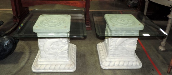 Pair Of Dolphin Designed White Pedestal Base Beveled Edge Glass End Tables