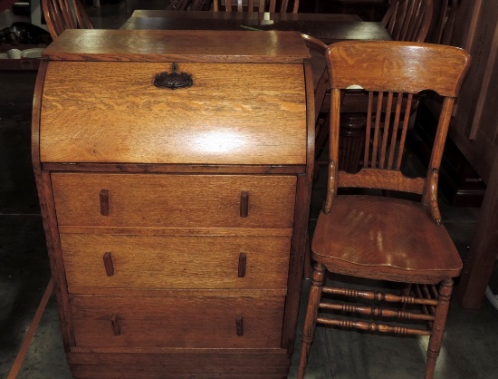 Antique Oak Drop Front Desk With Chair