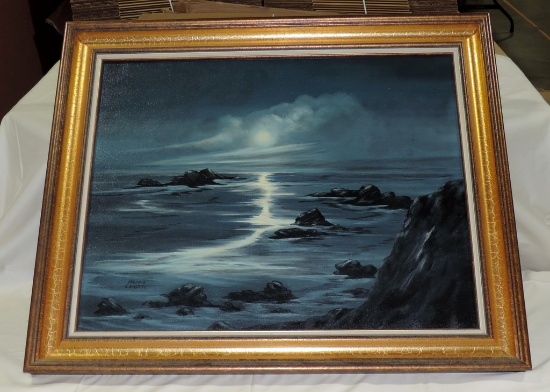 Signed Oil On Canvas Coastal Scene At Night In Frame