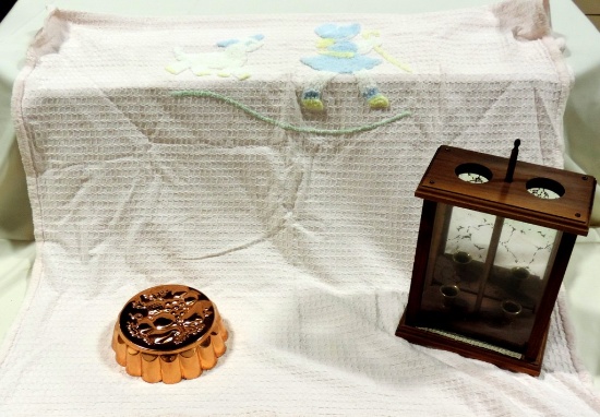Wood & Brass Candle Lamp, Copper Jell-O Mold And Pink Baby Blanket