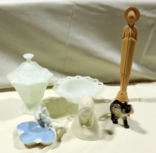 Tray Lot Milk Glass, Porcelain Mary Figurine Plus More