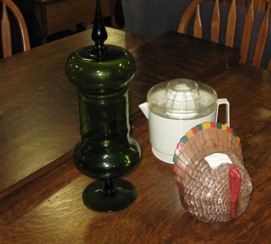 Large Green Glass Covered Jar, Turkey Planter & Dazy Fruit Juicer