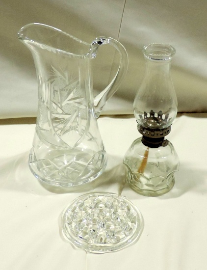 Cut & Etched Glass Water Pitcher, Oil Lamp, Glass Flower Frog