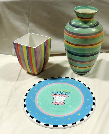 3 Pcs , Brightly Painted Ceramic Vases & Birthday Cake Platter