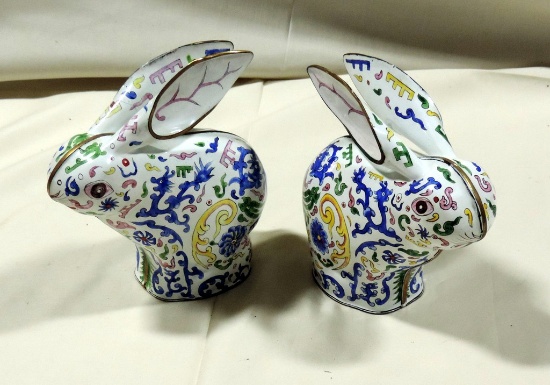 2 Hand Painted Enamel Rabbit Figurines