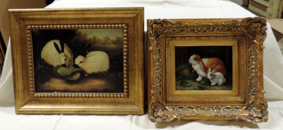 Rabbit Print In Frame And Oil On Canvas Rabbit Painting In Fancy Gold Frame