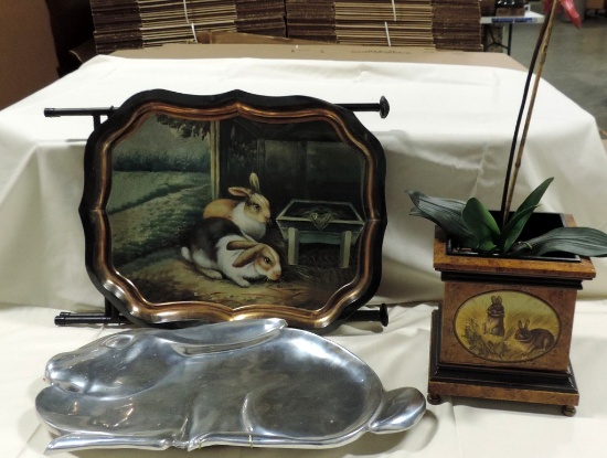 Artificial Orchid Plant In Planter, TV Tray & Cast Aluminum Dish