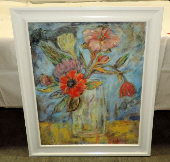Colorful Floral Print On Board In White Wood Frame
