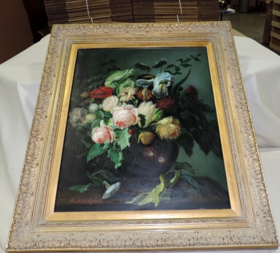 Oil On Canvas Of Floral Basket/Vase On Table In Frame